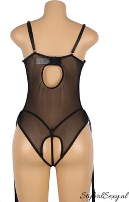 Zwarte wetlook bodysuit met open kruis en handboeien | Maat 42/44 | Sexy Lingerie Set — thumbnail 9