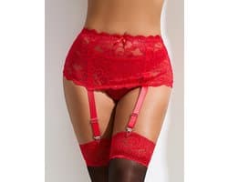 Zeloria Erotische Lingerie Jarretelgordel met Bijpassende Slip – Luxe Kant – Rood – XS/S