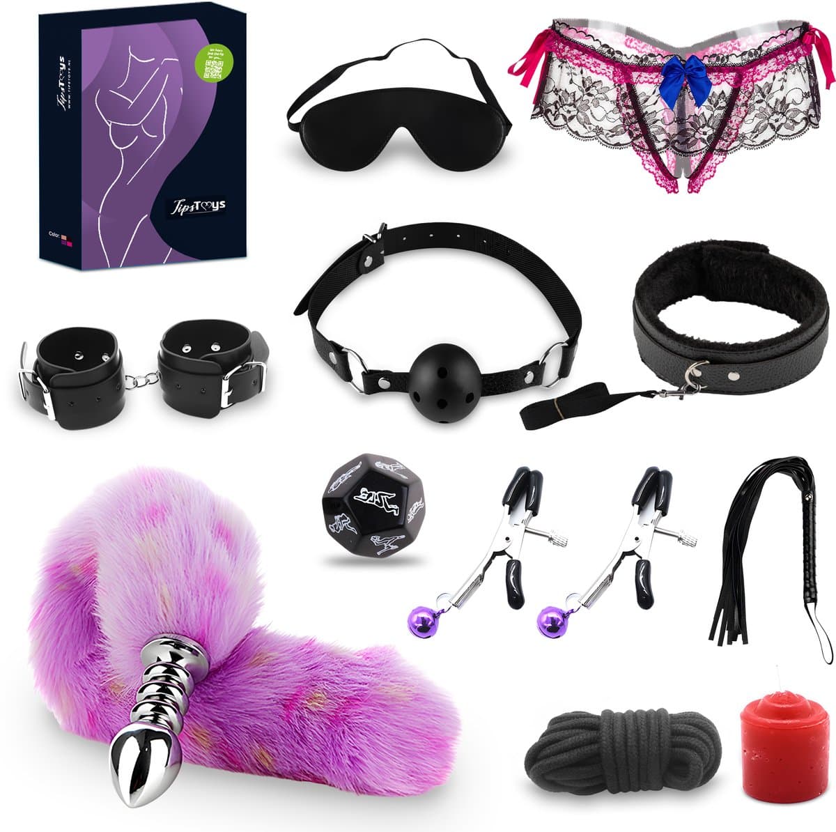 TipsToys® Bondage Set Beginners Compleet – Bondageset met handboeien, blinddoek, zweep en touw - BDSM starter set voor Koppels – – zachte verstelbare handboeien – erotisch speelgoed set — afbeelding 1