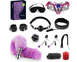 TipsToys® Bondage Set Beginners Compleet – Bondageset met handboeien, blinddoek, zweep en touw - BDSM starter set voor Koppels – – zachte verstelbare handboeien – erotisch speelgoed set
