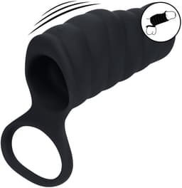 Vibrerende Geribbelde Siliconen Cock Sleeve en Ball Ring - Zwart — thumbnail 1