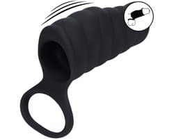 Vibrerende Geribbelde Siliconen Cock Sleeve en Ball Ring - Zwart