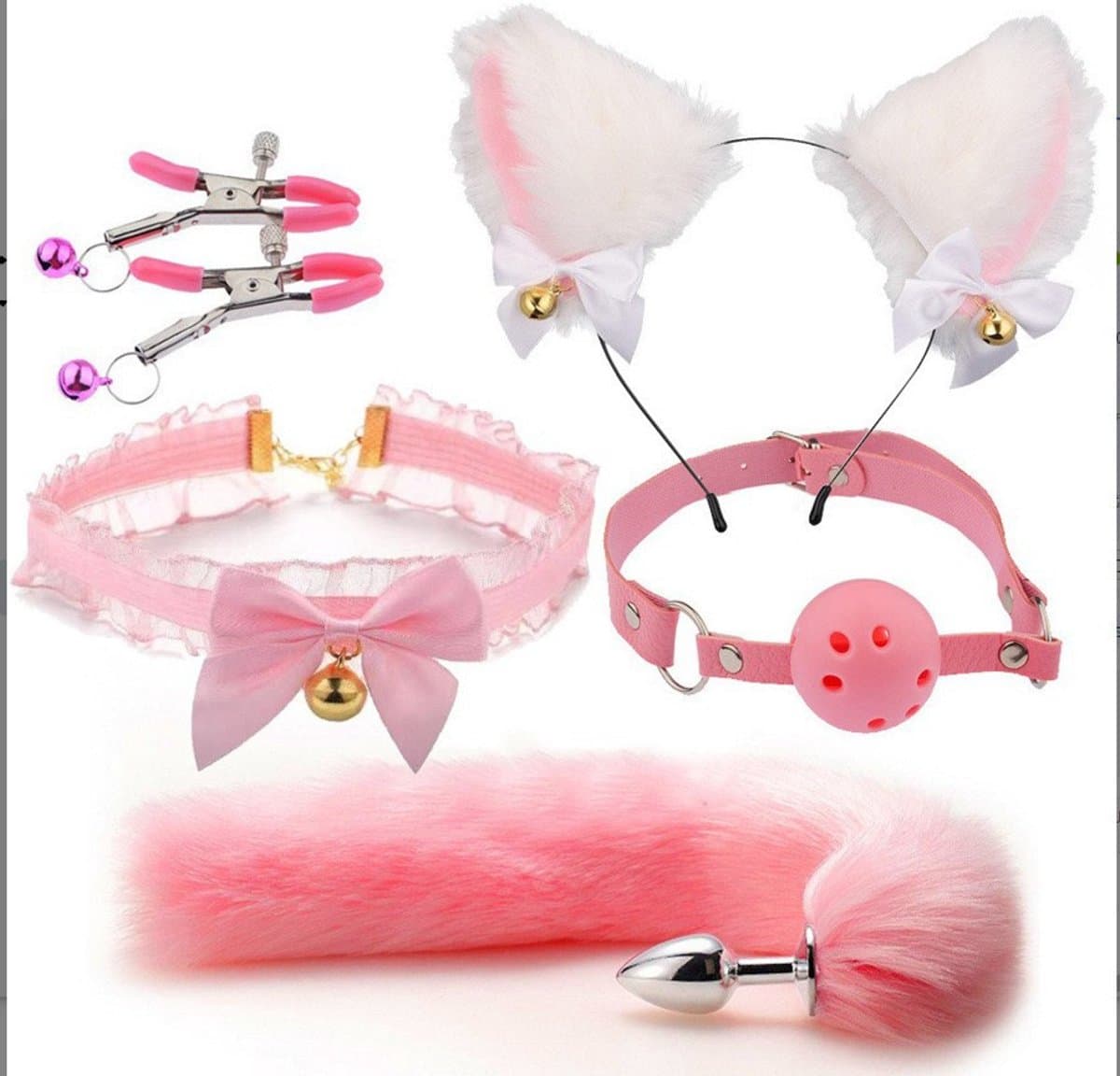Oneay BDSM Speelgoedset – Anaalplug met Vossenstaart, Halsband, Tepelklemmen & Kattenoortjes & Gags– Rollenspel Set voor Beginners (Vrouwen) - Roze — afbeelding 1