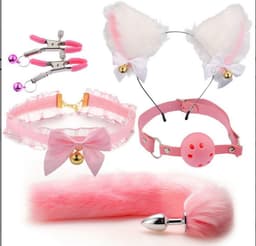 Oneay BDSM Speelgoedset – Anaalplug met Vossenstaart, Halsband, Tepelklemmen & Kattenoortjes & Gags– Rollenspel Set voor Beginners (Vrouwen) - Roze — thumbnail 1