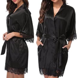 Sexy dames kimono - Maat XXL - Zwart - Kant - Avondjas - Satijnen badjas - Zwart - LOUZIR — thumbnail 2