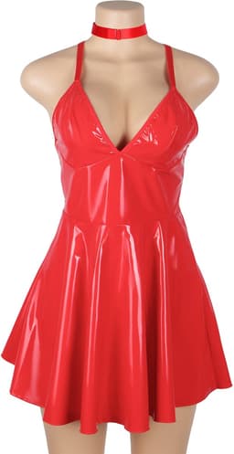 Latex Wetlook Sexy Jurkje – Lingerie Erotisch – Rood – Lingerie Setje – Luxe Lingerieset – Leren PU Lingerie Jurkje – Leatherlook – Verleidelijk & Mysterieus – Inclusief Chocker – Kinky – BDSM – Festival Outfit – Clubwear – Wasteland – S, M, L, XL — thumbnail 5