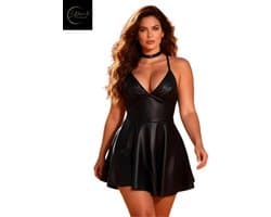 Latex Wetlook Sexy Jurkje – Lingerie Erotisch – Zwart – Lingerie Setje – Luxe Lingerieset – Leren PU Lingerie Jurkje – Leatherlook – Verleidelijk & Mysterieus – Inclusief Chocker – Kinky – BDSM – Festival Outfit – Clubwear – Wasteland – S, M, L, XL