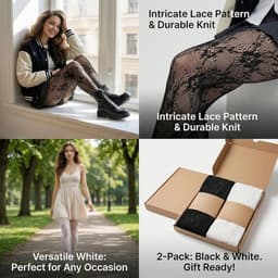 Panty met kant en bloemenmotief in wit en zwart - Uitgeholde panty met netstructuur - Lolita panty voor ballet, cosplay, feest - Elastisch en comfortabel — thumbnail 2
