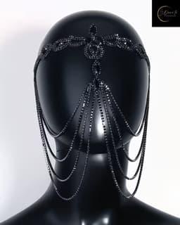 Mystical Allure – Luxe Zwarte Face Jewelry met Kettingen & Kristallen | Geleverd in luxe Satijnen Giftzakje | Gezichtssierraad | Bruiloft | Clubwear | Carnaval | Juweel | Ketting | BDSM Headpiece | Festival | Fetish | One Size | Dare to Undress — thumbnail 2