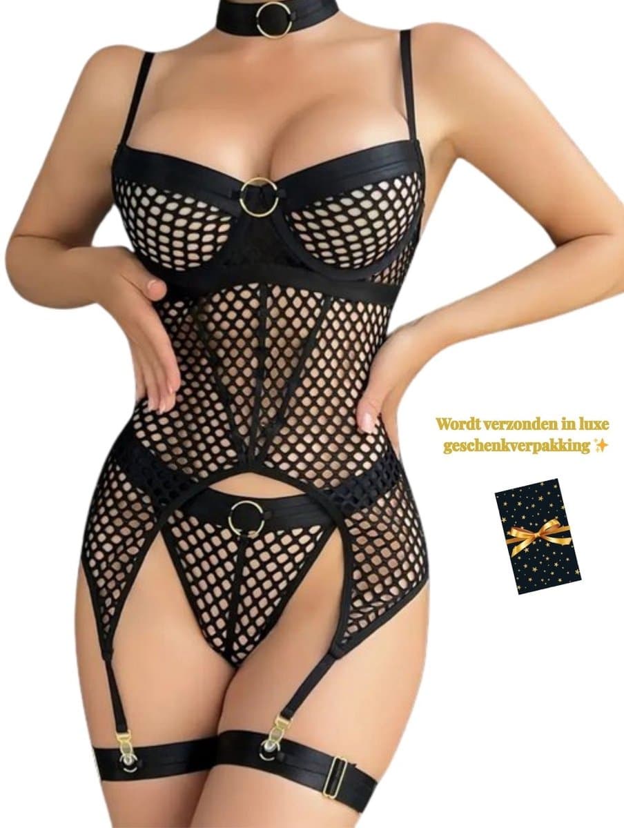 Sexy Lingerieset – Zeer stevige goede kwaliteit – Erotische lingerieset – Bustierset – Zwarte erotische bodystocking met jarretels – Kinky lingerie met goudaccenten – Verleidelijke festival outfit – Dames lingerie – Sexy clubwear – Maat S, M, L, XL — afbeelding 1