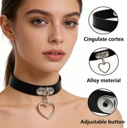 Sleutelbeenketting - Halsomtrek 32 cm~38 cm - Choker met hartvormige hanger - Halsband voor dames - Gotische leren choker - Punkstijl ketting - Choker - Halsband - Halsketting - Metalen choker - Kettingchoker - Bikerchoker - Halsring — thumbnail 2