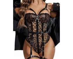 Sexy Lingerie Body – Zwart, Mesh & Jarretels – Panterlook & Kant – Verstelbare bandjes – Bondage Look – BDSM – Kinky – Erotische Lingerie Dames – Lingerie Erotisch – Lingerieset –Lingerie Sexy Setje – Dare to Undress – XS/S, M, L, XL, XXL