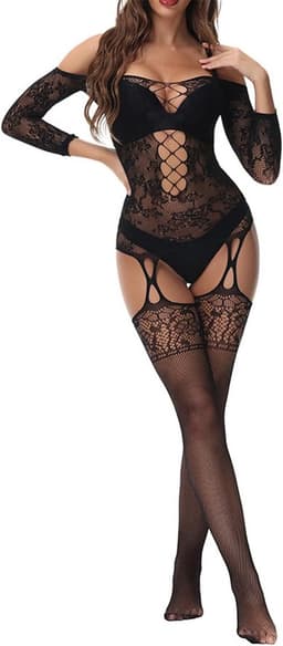 Dames Fishnet Bodystocking Sexy Catsuit Open Kruis Nachtkleding Zwart — thumbnail 1