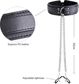 DOWO® - Halsband met tepelklemmen – Halsband - Body Bondage - Kunstleer - Sexy Lingerie - Erotiek Riem – SM - BDSM - Sex Toys voor Koppels - Seksspeeltjes voor mannen en vrouwen — thumbnail 2