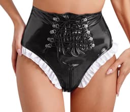 BamBella® Slip Onderbroek - Maat L/XL - Erotische Sexy BDSM Lingerie Dames - Zwart rits ondergoed Datex mix latex en stof wetlook open kruis — thumbnail 2