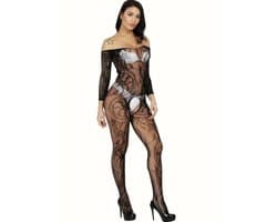 LekkerStout Transparante Catsuit - Open Kruis - Zwart - Sexy Lingerie | S-L | ( LS199 )
