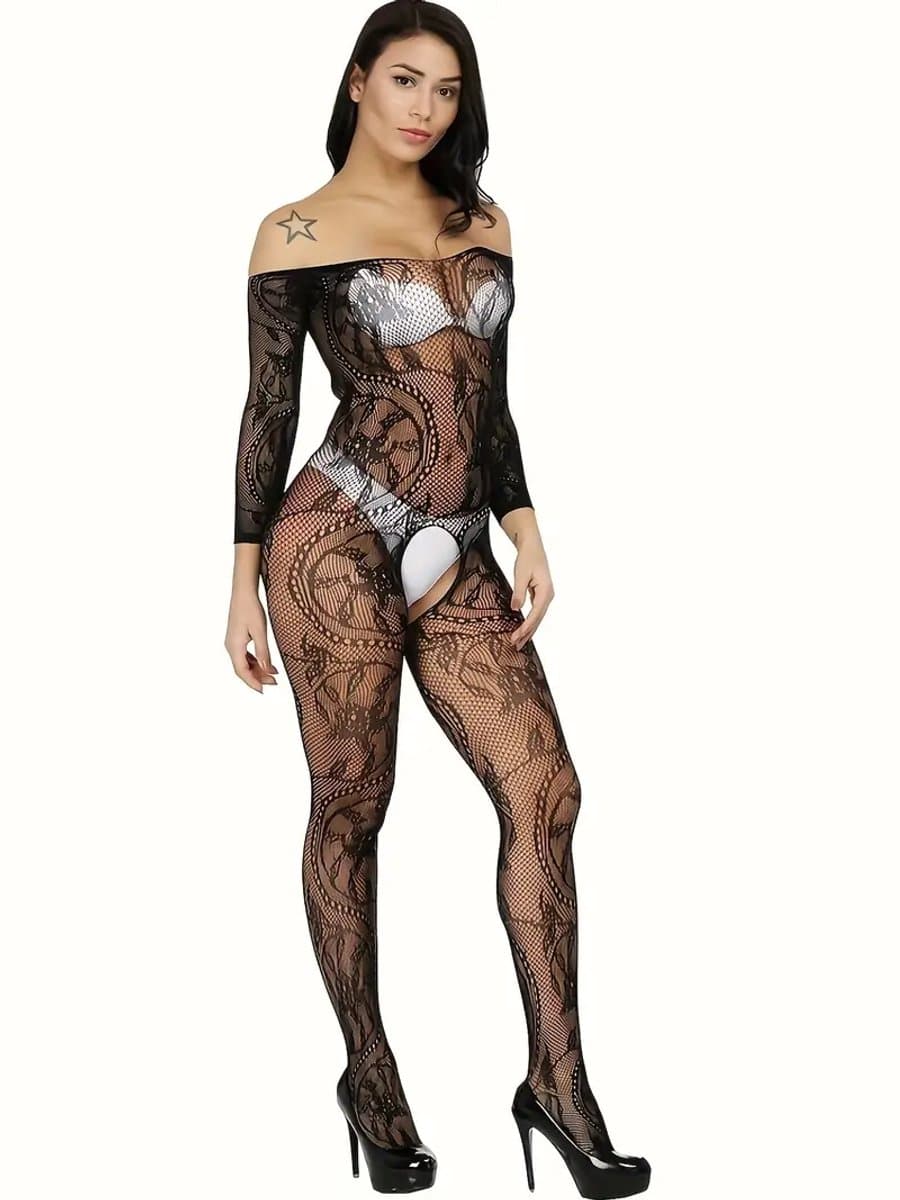 LekkerStout Transparante Catsuit - Open Kruis - Zwart - Sexy Lingerie | S-L | ( LS199 ) — afbeelding 1