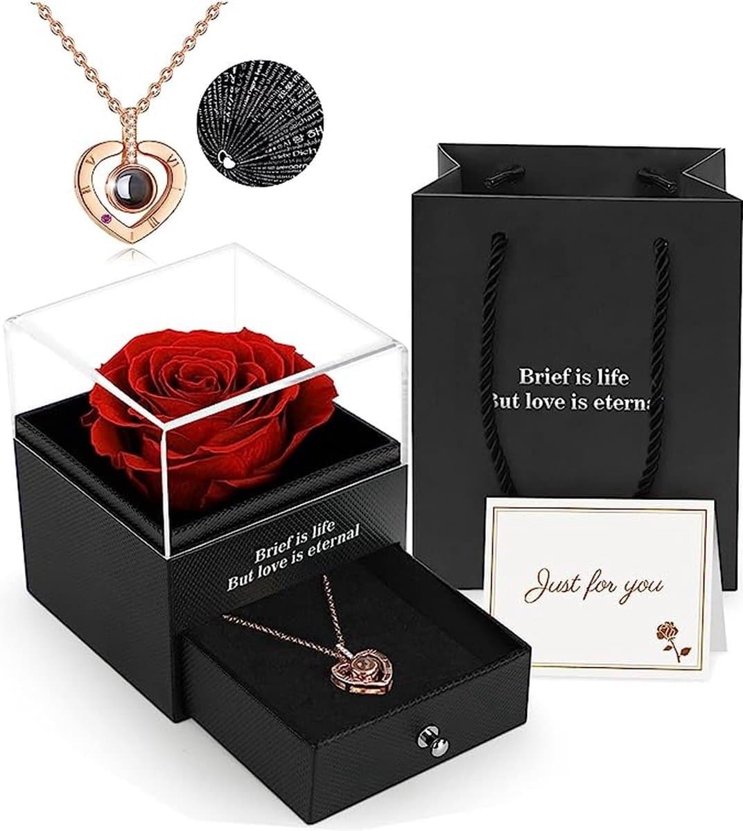 WNHB® Eeuwige roos in geschenkdoos - Met ik hou van je ketting - Handgemaakte echte roos - Romantisch cadeau voor vrouw vriendin moeder - Voor verjaardag jubileum valentijnsdag moederdag kerst — afbeelding 1