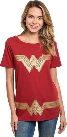 T-shirt voor dames met gouden logo, grafisch ontwerp, superhelden kostuum, Halloween, stripboek cosplay — thumbnail 1