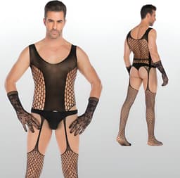 Heren Bodystocking Jarretel Design - Zwart - Visnet - Sexy Herenondergoed - One Size S-XL (46-52) | LS159 — thumbnail 1
