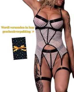 Sexy Lingerieset – Lingerie Erotisch – Zeer stevige goede kwaliteit– Sensueel & Krachtig – Verleidelijk – Witte bodystocking met jarretels – BDSM – Verstelbare bandjes –Kinky – Bustierset – Elastiek – Festival outfit – Sexy clubwear – Maat XL — thumbnail 5