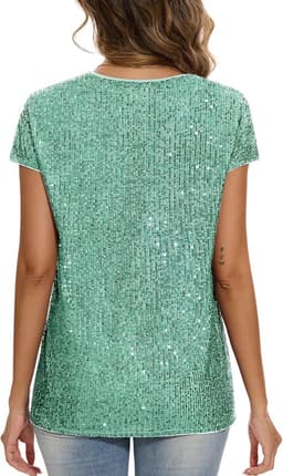 Dames Glitter Top met Korte Mouwen en V-Hals – Glanzend Party T-Shirt met Cap Mouwen voor Vrije Tijd & Festival — thumbnail 4