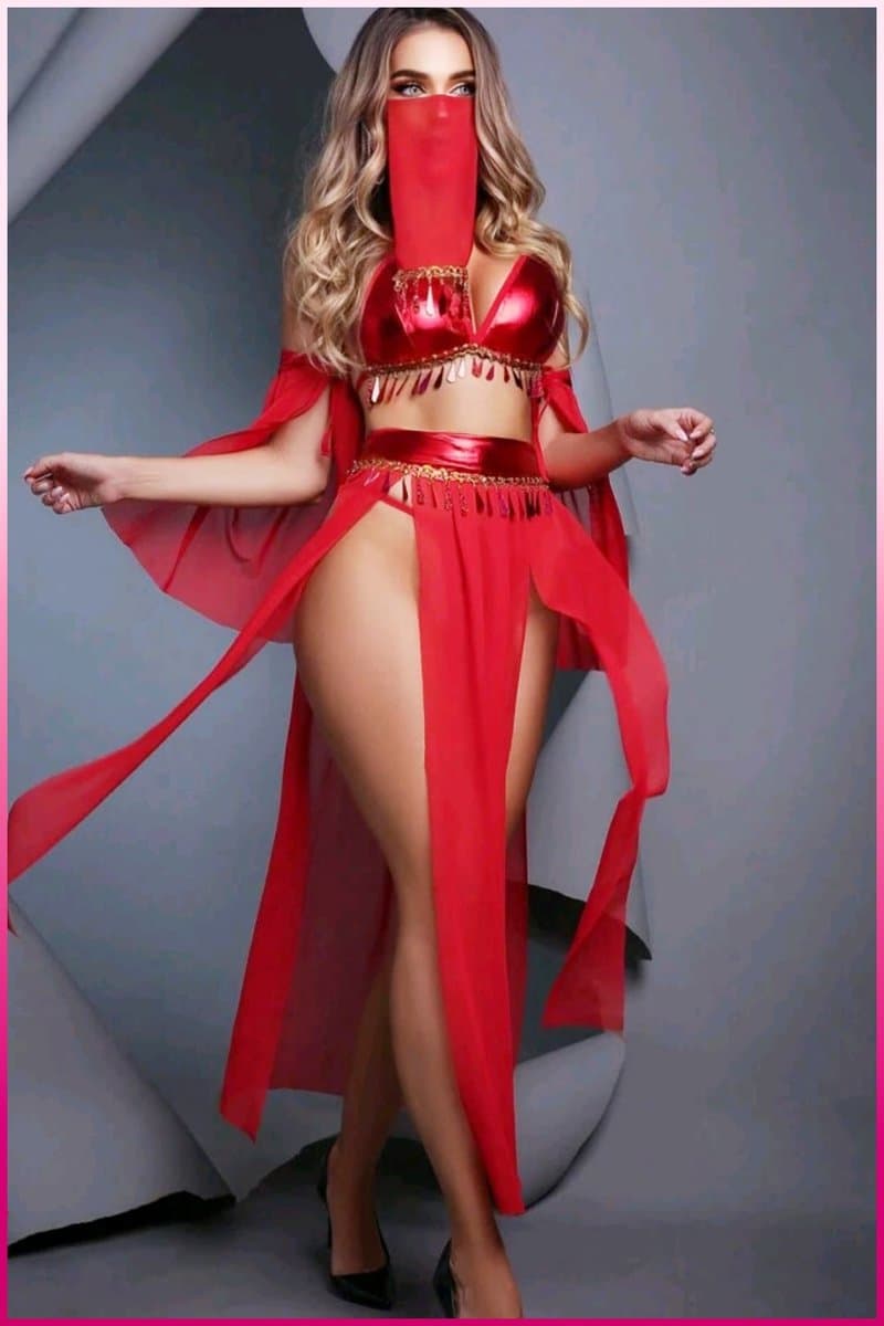 Purple-Daisy Fantasie buikdanseres kostuum voor vrouwen Sexy fantasie kostuum en sexy nachtjapon voor vrouwen 5 deliğe PDS0048-R - Maat L/XL - ROOD — afbeelding 1