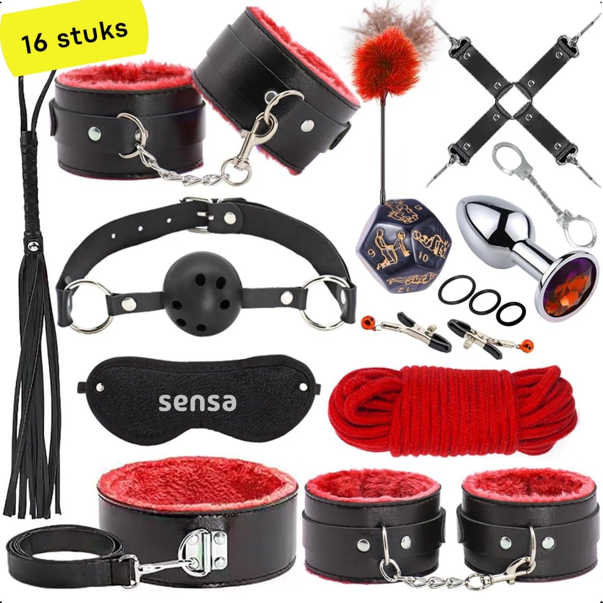 Sensa BDSM set - Bondage set voor koppels - Sexspeeltjes voor koppels - Seksspeeltjes voor mannen - Buttplug set - Zwart / Rood — afbeelding 1