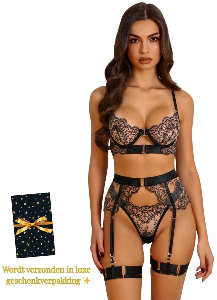 Luxe Lingerieset Dames – Lingerie Erotisch – Sexy Lingerie – 4-delige set – Zwart Kant – Lingerie Setje – Verleidelijke BH met Jarretels & Hoge Taille String – Sexy Lingerie – Chique – Luxe –Boudoir Look – Kinky – Erotisch – Maat XS/S, M, L, XL — afbeelding 1