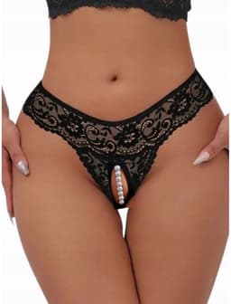 Sexy Kanten String met Parels & Open Kruis - Maat XL - Zwarte Crotchless Erotische Lingerie met Stimulerende Parelketting — thumbnail 2