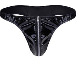 Heren Slip met Rits - Latex Look - String Zwart - Sexy Design - Mannen String - Ondergoed Maat L