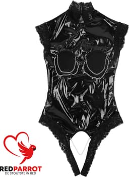 Latex Wetlook Jumpsuit - Open Kruis En Borsten - Erotisch - Ketting - Kant — thumbnail 5