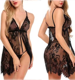 Prachtige complete Sexy NachtJurk met String, Nachtmode, sexy Lingerie, Erotische Kimono,Sexy Pyjama dames Nachtjapon "Zwart",maatM — thumbnail 1