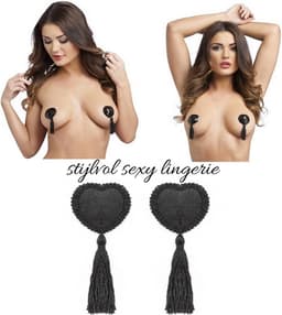 Tepelkwasten | Zwarte hart tepelstickers met kwastjes | Burlesque tepelkwastjes — thumbnail 3