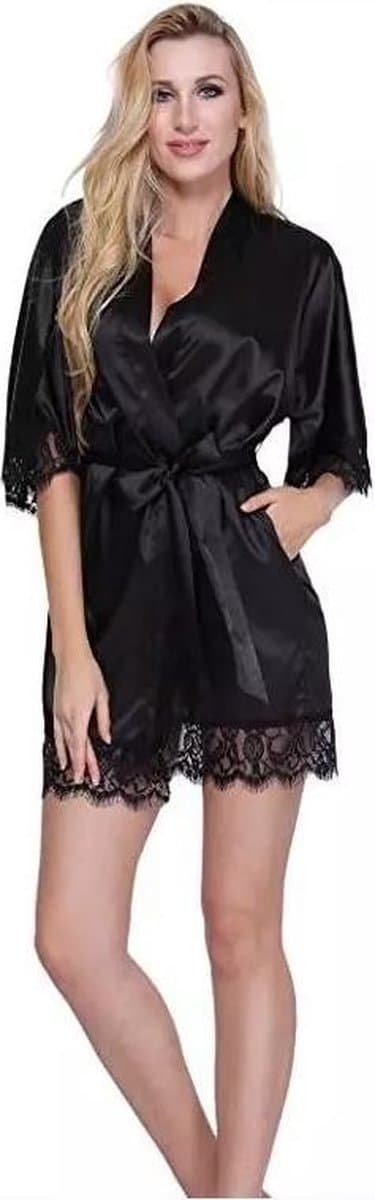 Sexy dames kimono - Zwart - Kant - Avondjas - Maat S/M - Satijnen badjas - — afbeelding 1