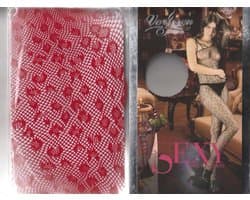 Rode fishnet bodystocking met geweven luipaard print
