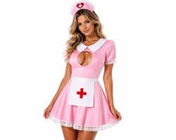 Sexy Verpleegster Lingerie Set Dames - Roze Roleplay Jurk met Hoedje, Schortje en String - One Size