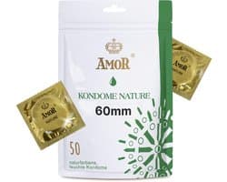 AMOR Nature 60 mm condooms 50-pack | Premium natuurkleurig | gevoelsecht flinterdun | 0,07 mm wanddikte