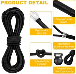 Elastisch koord, rubberen touw, 10 mm x 10 m zwart, elastische spanner voor zeilen met 20 klemmen, rekbaar latexrubber voor zeilen, aanhangers, boten, kamperen — thumbnail 3