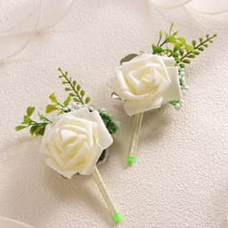 6 wit roos bruiloft bruid bloem corsages, bruiloft broche voor mannen, bruid, bruidegom, bruidsmeisjes, getuigen, gasten — thumbnail 3