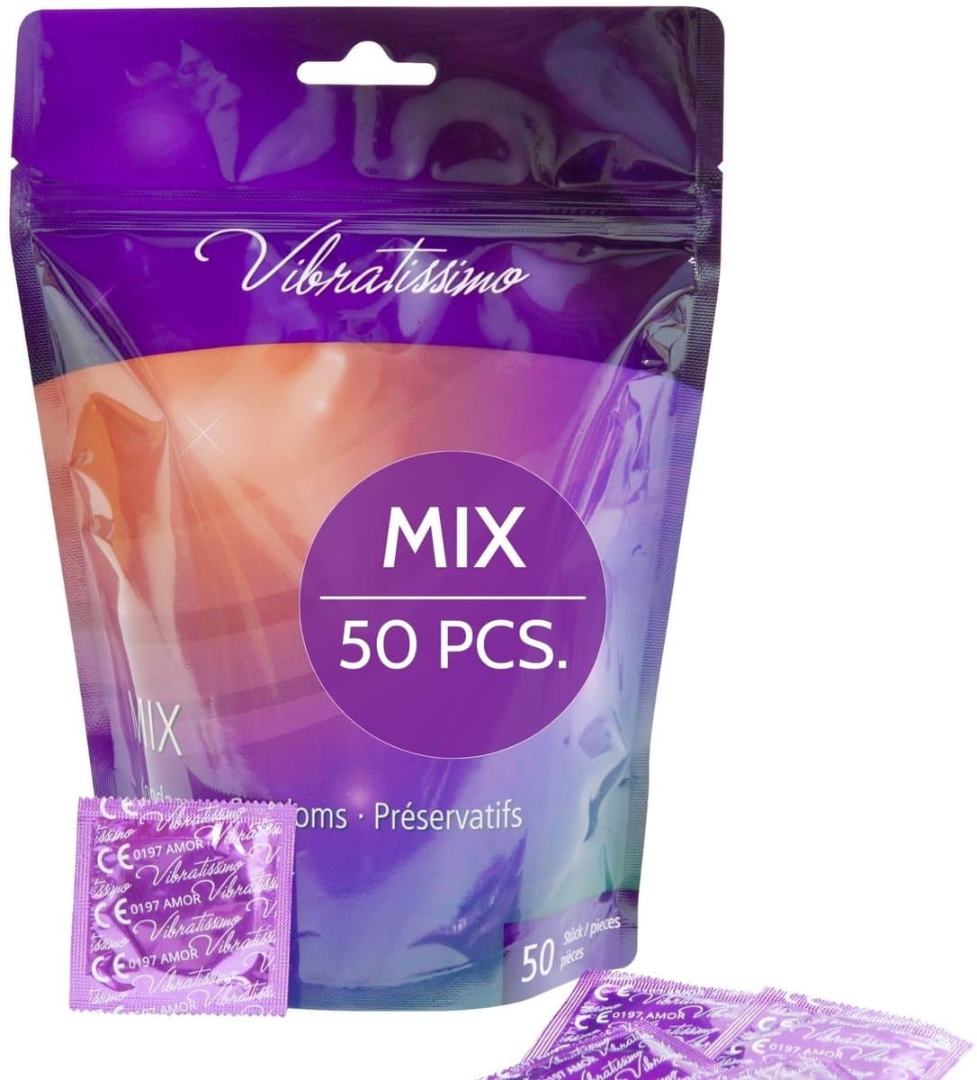 VIBRATISSIMO condooms Mix 50-pack gemengd | gevoelsecht & extra vochtig | Zakje dunne wanddikte & gearomatiseerd | flinterdun genopt & geribbeld | Natuurrubberlatex — afbeelding 1