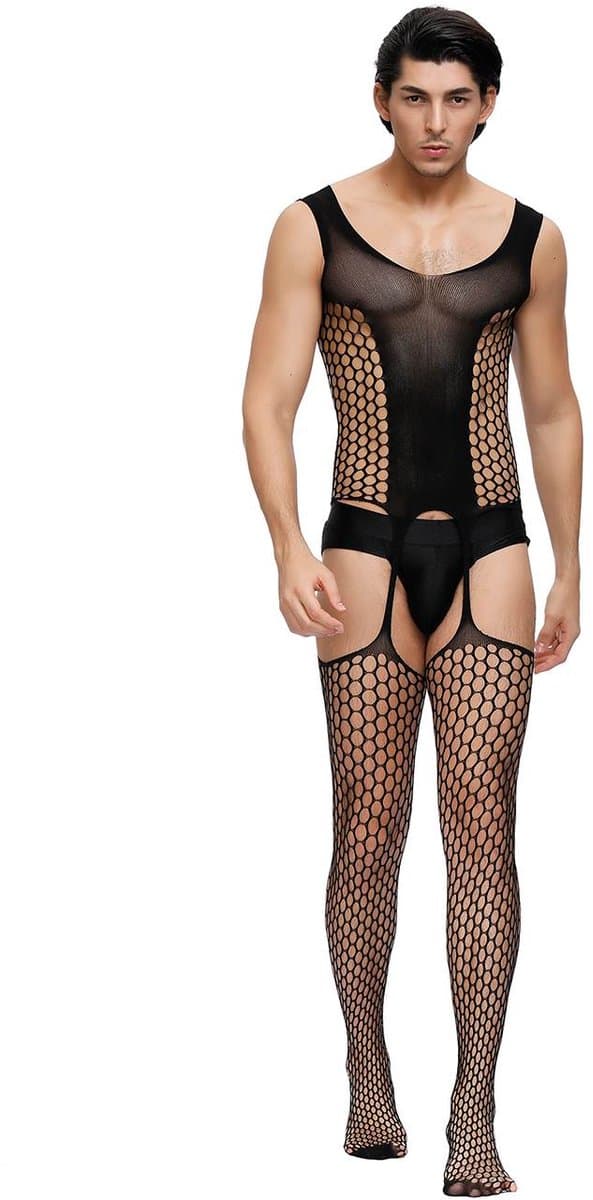 Zeloria Heren Bodystocking Visnet Catsuit – Transparante Heren Lingerie met Jarretel Look – Bodystocking voor Mannen – Mesh Stretch Bodysuit – Zwart – L/XXL — afbeelding 1