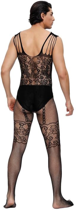 Zeloria Heren Bodystocking Visnet Catsuit – Transparante Heren Lingerie met Kant – Bodystocking voor Mannen – Mesh Stretch Bodysuit – Zwart – XS/M — thumbnail 3