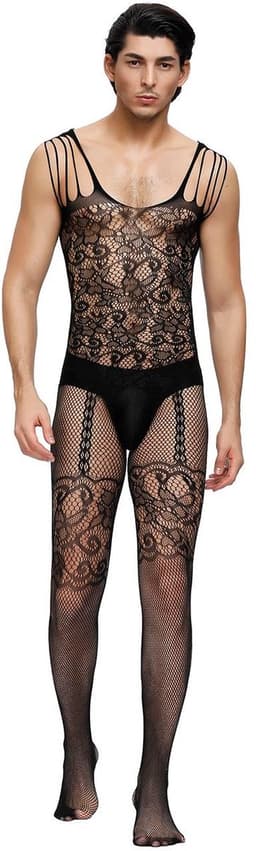 Zeloria Heren Bodystocking Visnet Catsuit – Transparante Heren Lingerie met Kant – Bodystocking voor Mannen – Mesh Stretch Bodysuit – Zwart – XS/M — thumbnail 1