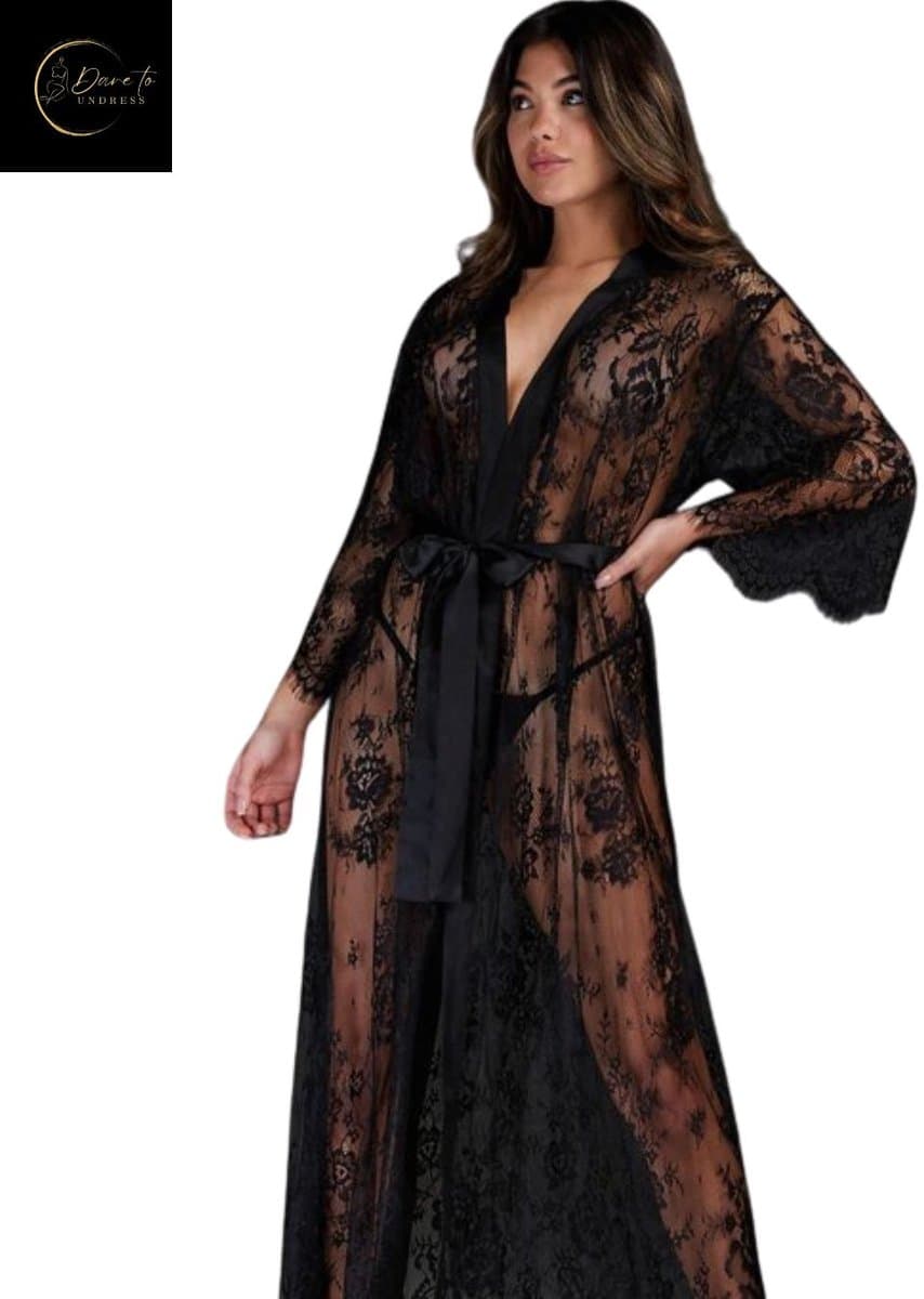 Luxe Erotische Kimono Dames – Sexy Lingerie – Lingerie Erotisch – Zwart – Transparante Kant Kimono – Verleidelijke lingerie & ochtendjas – High End – Chique – Clubwear – Satijn Strikceintuur– Elegante Nachtkleding – Dare to Undress – S, M, L, XL,XXL — afbeelding 1