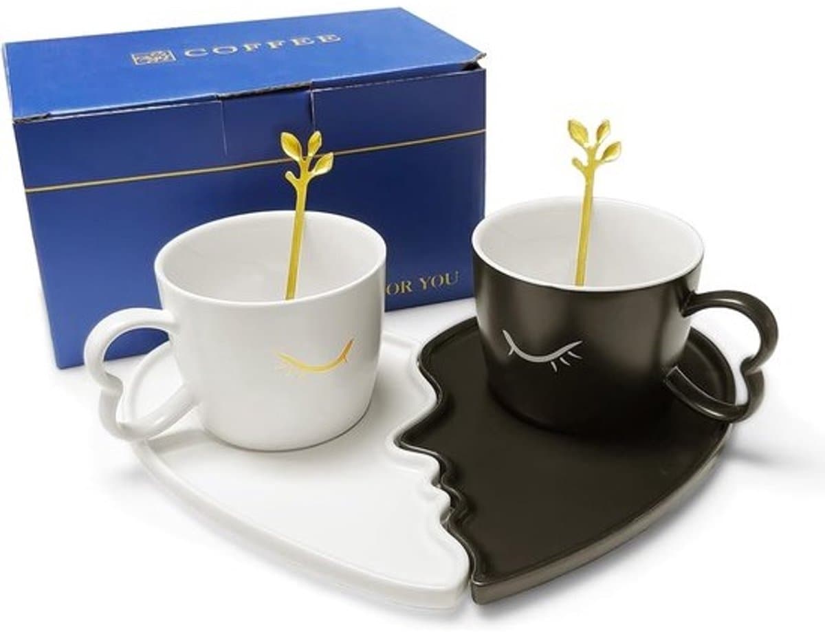 Koffiekopjes set - Partner mokken - Cadeau bruiloft - Kussend motief - 200 ml capaciteit - Zwart — afbeelding 1
