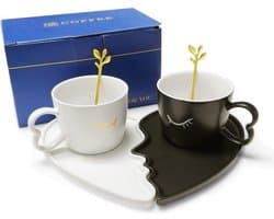 Koffiekopjes set - Partner mokken - Cadeau bruiloft - Kussend motief - 200 ml capaciteit - Zwart