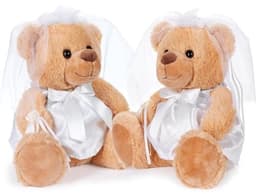 Teddy Bruidspaar in Witte Bruidsjurk – Set van 2 met Sluier en Bloemen – Creatief Geldgeschenk of Huwelijkscadeau – 25 cm — thumbnail 1