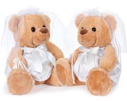 Teddy Bruidspaar in Witte Bruidsjurk – Set van 2 met Sluier en Bloemen – Creatief Geldgeschenk of Huwelijkscadeau – 25 cm
