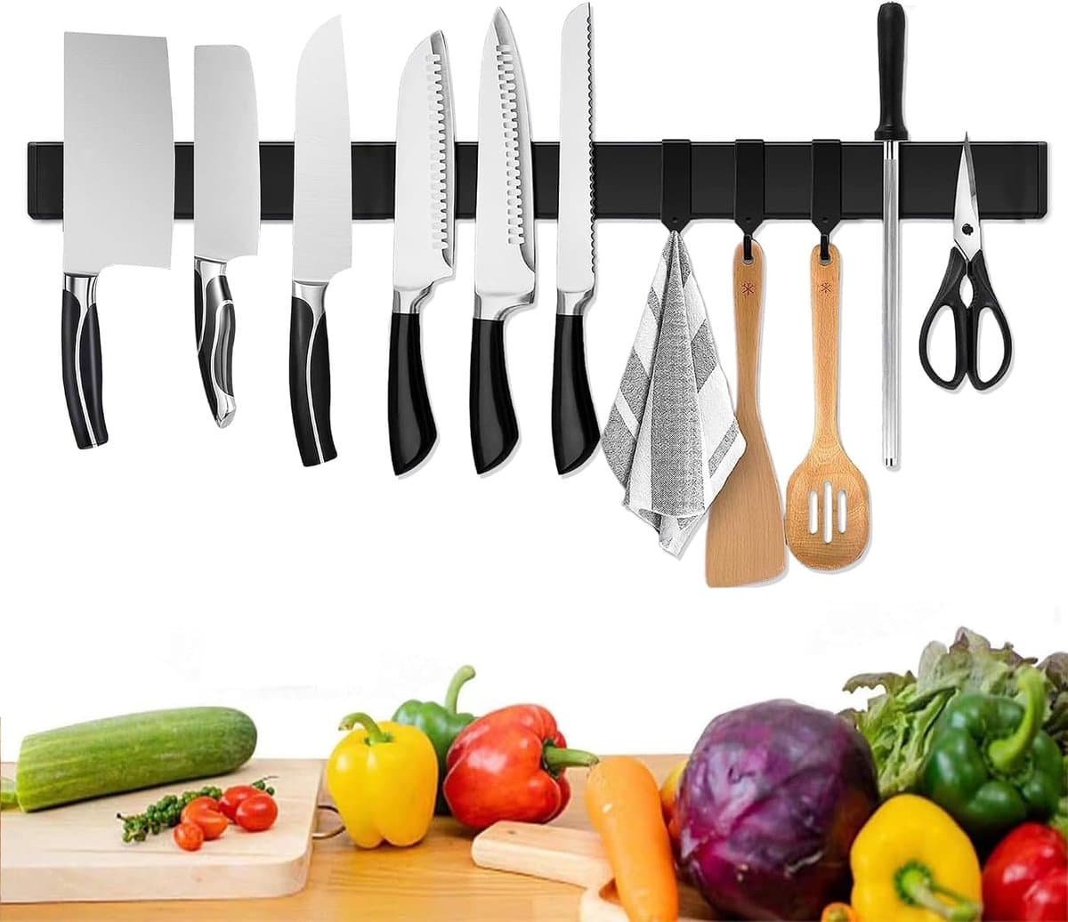 Magneetstrip, 58.5 cm, messenhouder, magnetisch, met 3 haken, roestvrij staal, zelfklevend, zwarte wandhouder, magneetstrip, zonder boren, messenhouder — afbeelding 1